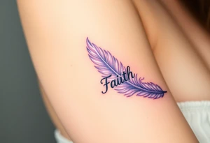 A lavender and silver feather with a subtle shimmer, carrying the word "Faith" tattoo idea