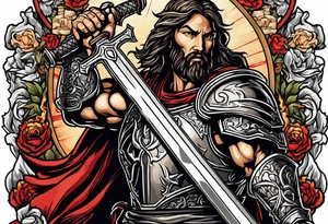 Almighty powerful Jesus in his indestructible armor and using his sword to cut off Satan's head tattoo idea