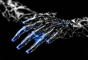 A futuristic chrome hand design with sapphire-blue energy lines tracing each finger like circuits. tattoo idea