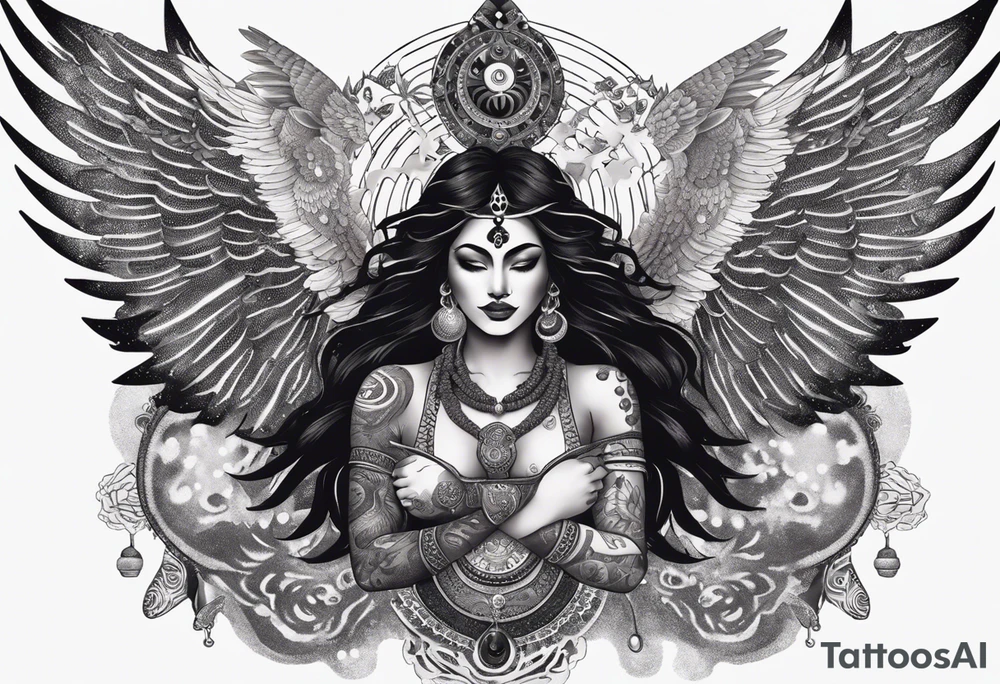 black kali, goddess pirate, alien, angel, pachamama, valkrye, warrior, flying, skull, lotus azul, wing, eagle, zenza resonance, stars, 5D, anahata chakra, death, durga, riding on a tiger, flying lady, kundalini, chest tatoo, samuri, rebel tattoo idea