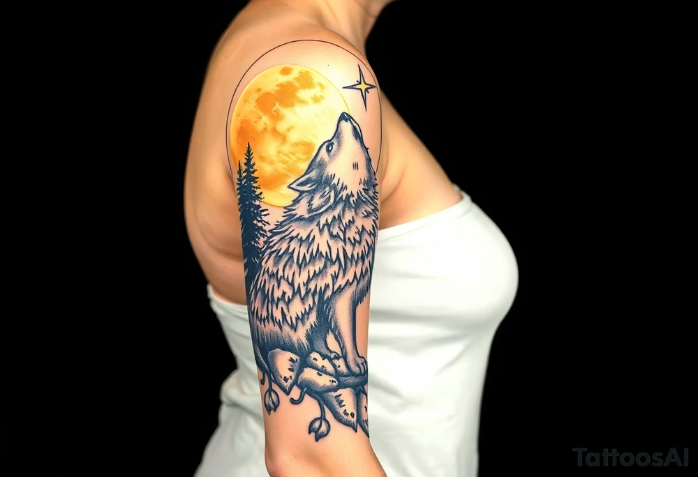 Lone wolf howling at the moon in the forest in the night Columba star tattoo idea