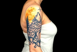 Lone wolf howling at the moon in the forest in the night Columba star tattoo idea
