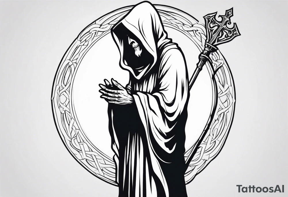 The grim reaper standing from a side profile praying with a Rosery wrapped around his hands tattoo idea