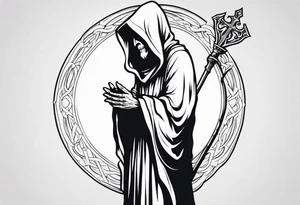 The grim reaper standing from a side profile praying with a Rosery wrapped around his hands tattoo idea