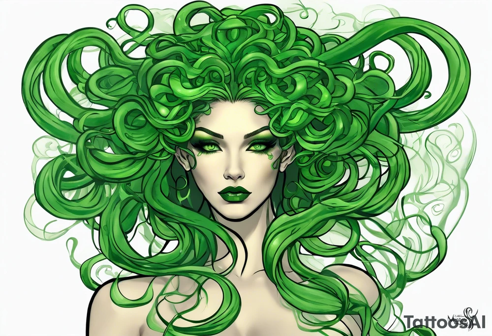 Here is a rough sketch of your Medusa tattoo concept:

- **Medusa's Full Body**: Positioned in the center, floating.
- **Glowing Eyes**: Highlighted in white to stand out against her green complexion.
- **Green Snakes for Hair**: Radiating in various directions from her head.
- **White Sheer Dress**: Flowing down her body, semi-transparent to hint at her form beneath.

This sketch captures the basic elements and composition. For a final design, a tattoo artist can add intricate details, shading, and texture to bring Medusa to life with the ethereal and mystical qualities you described. tattoo idea