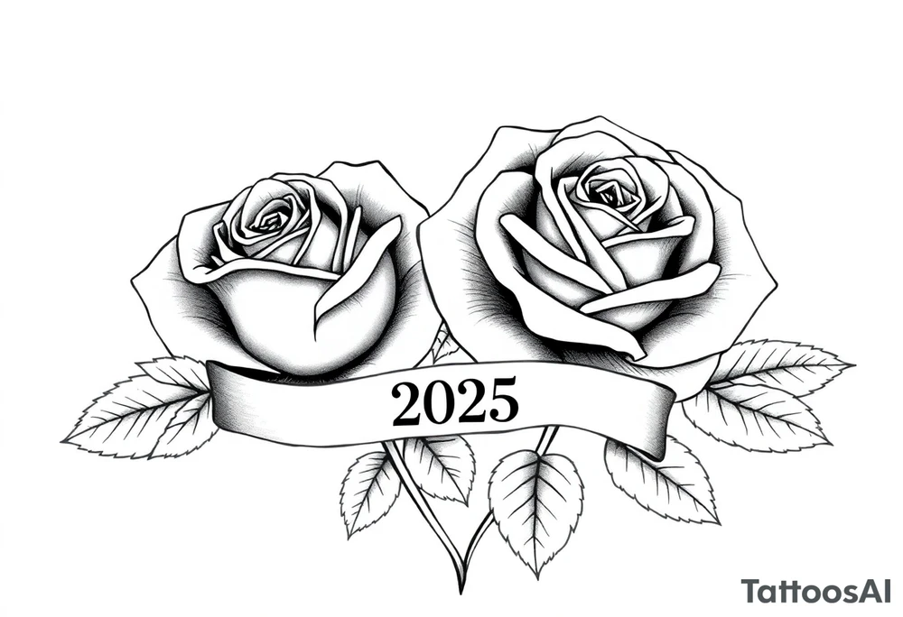 two beautiful large rose buds, one larger than the other, with lots and lots of leaves next to the rose buds, with one sitting slightly higher than the other, side-by-side.  Include a banner connecting the two roses with the year 2025 on it.   Use dark outlines with little shading. No stems tattoo idea