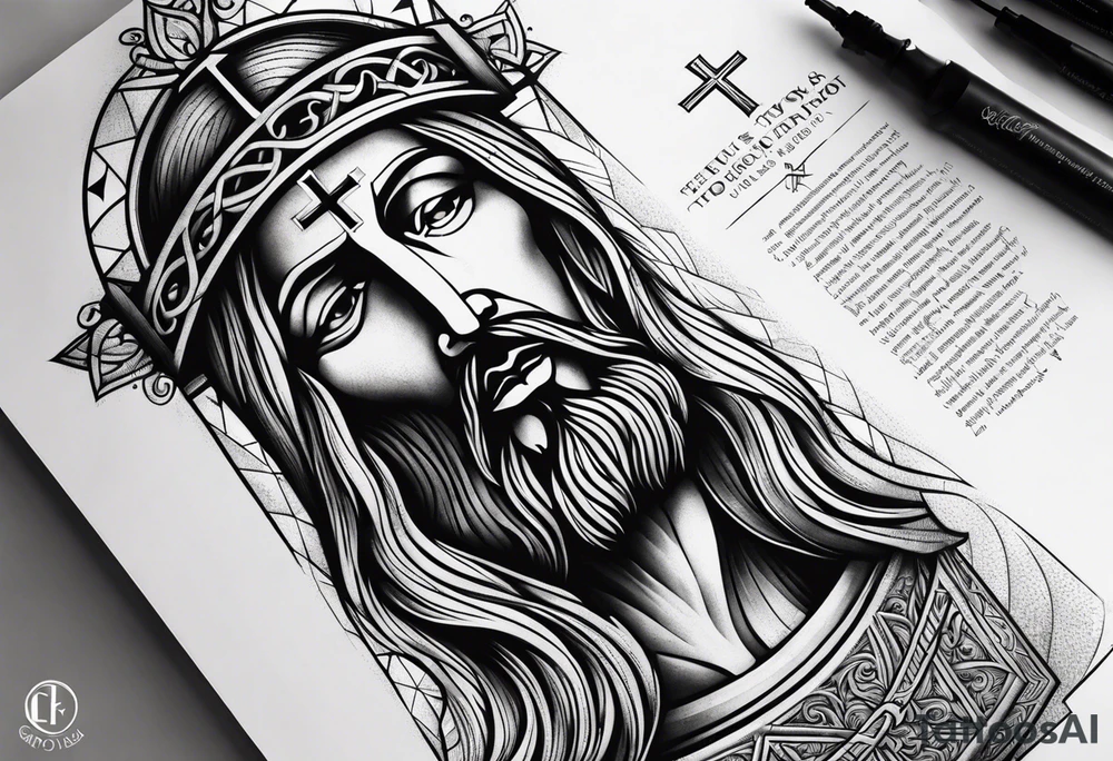 jesus leg tattoo with a cross and bible verse tattoo idea