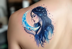 Moon Goddess – A pale-skinned woman in indigo robes, cradling a crescent moon in glowing silver, with dark blue stars across her long hair. tattoo idea