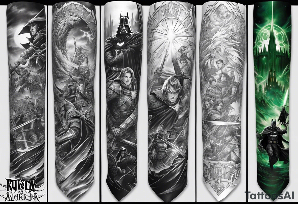Full arm sleeve tattoo extending from shoulder to wrist featuring the battle of Helms Deep with character such as Anakin Skywalker, Obi Wan Kenobi, Darth Vader, Superman, Batman, Green Lantern, Dark Magician and Blue-Eyes White Dragon from Yu-Gi-Oh!, and Captain America added in to a panned out scenic battle tattoo idea