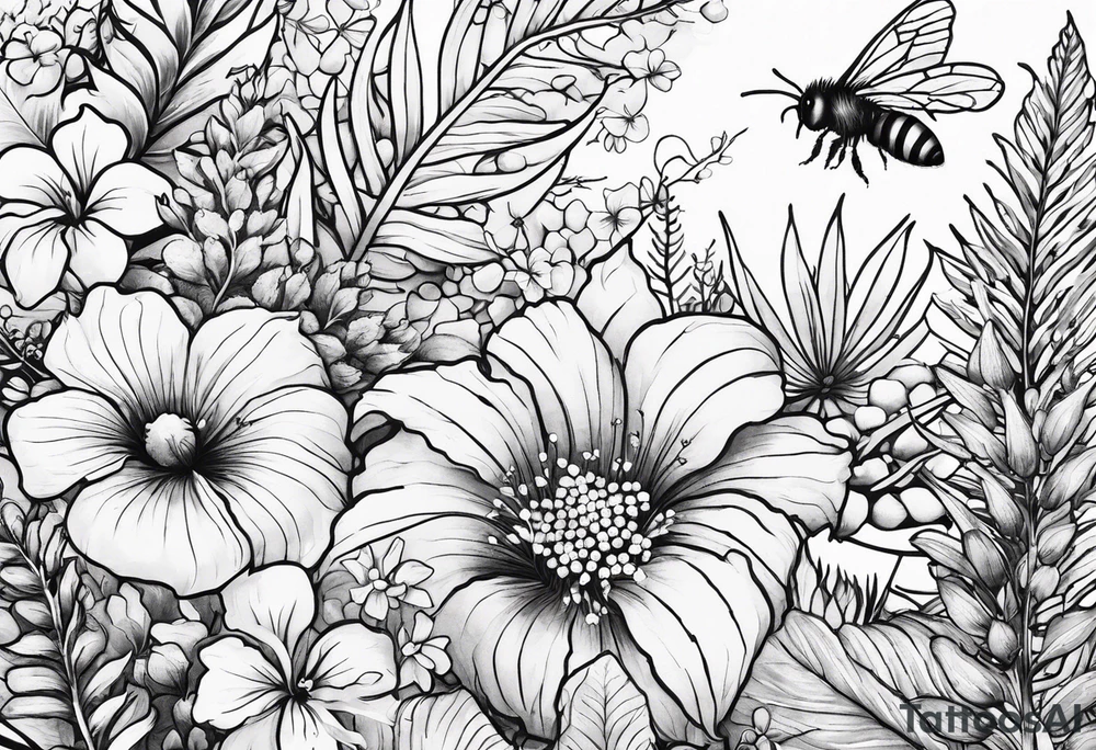 Half sleeve with wildflowers, hibiscuis, ferns, leaves, and complimentary flowers with small bees tattoo idea