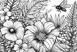 Half sleeve with wildflowers, hibiscuis, ferns, leaves, and complimentary flowers with small bees tattoo idea