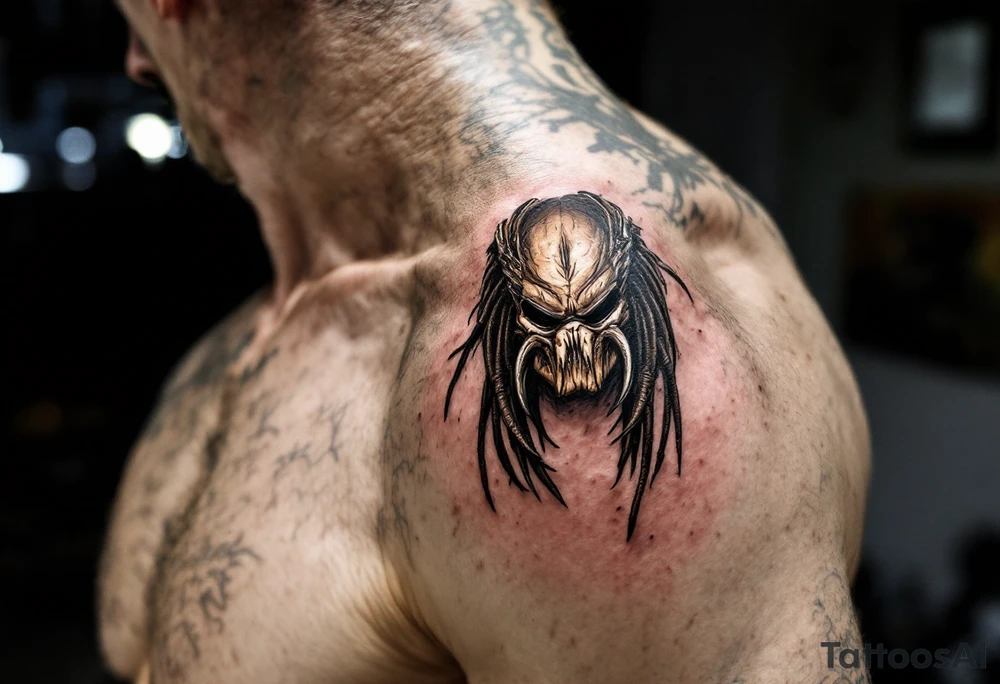 Tracker Predator – A bestial, primal version of the Predator from Predators (2010), featuring deep brown and gray reptilian skin, minimal armor, and three mechanical, tusk-like mandibles on its mask. Uses a hunting beast instead of technology. tattoo idea