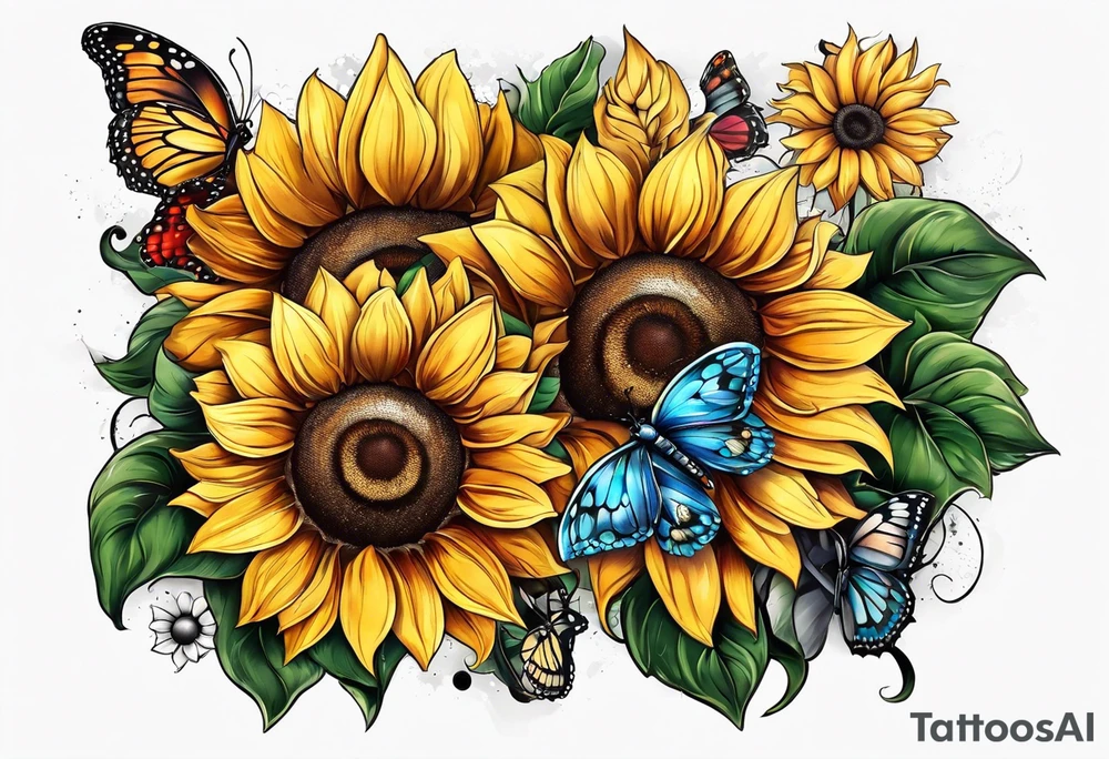 Arm sleeve with sunflowers and butterflies tattoo idea