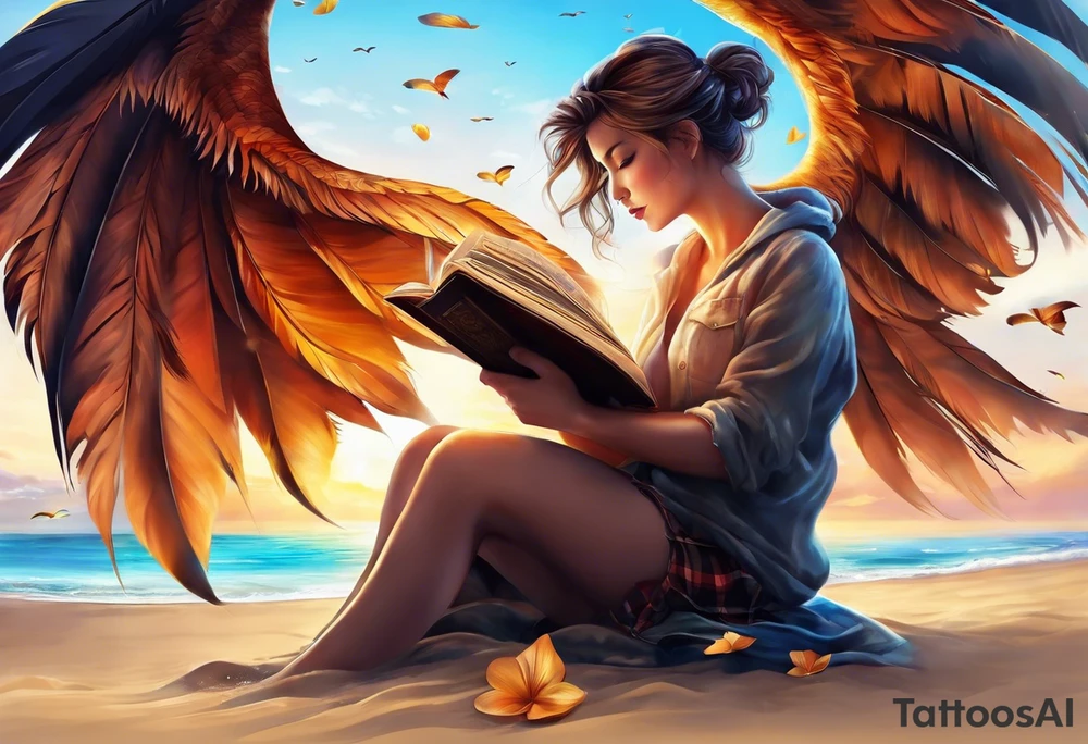 Someone is sitting on the beach reading a book and the pages are flying in the wind, the purpose of the tattoo is to emphasize that just as the pages are flying in the wind, you also have to flip through situations in life tattoo idea