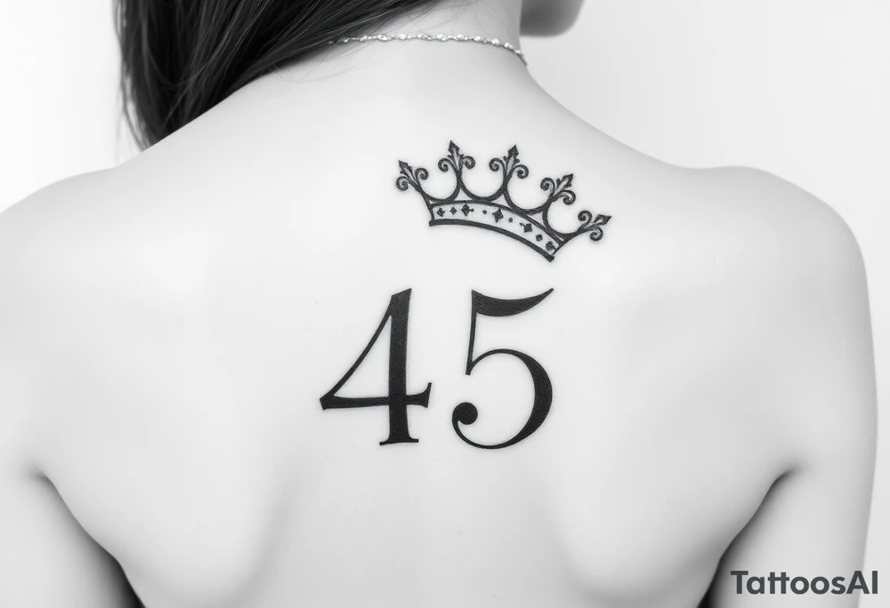Capital G letter handwritten script with a crown tilted to the left on the front right shoulder on top of a number 45 tattoo idea