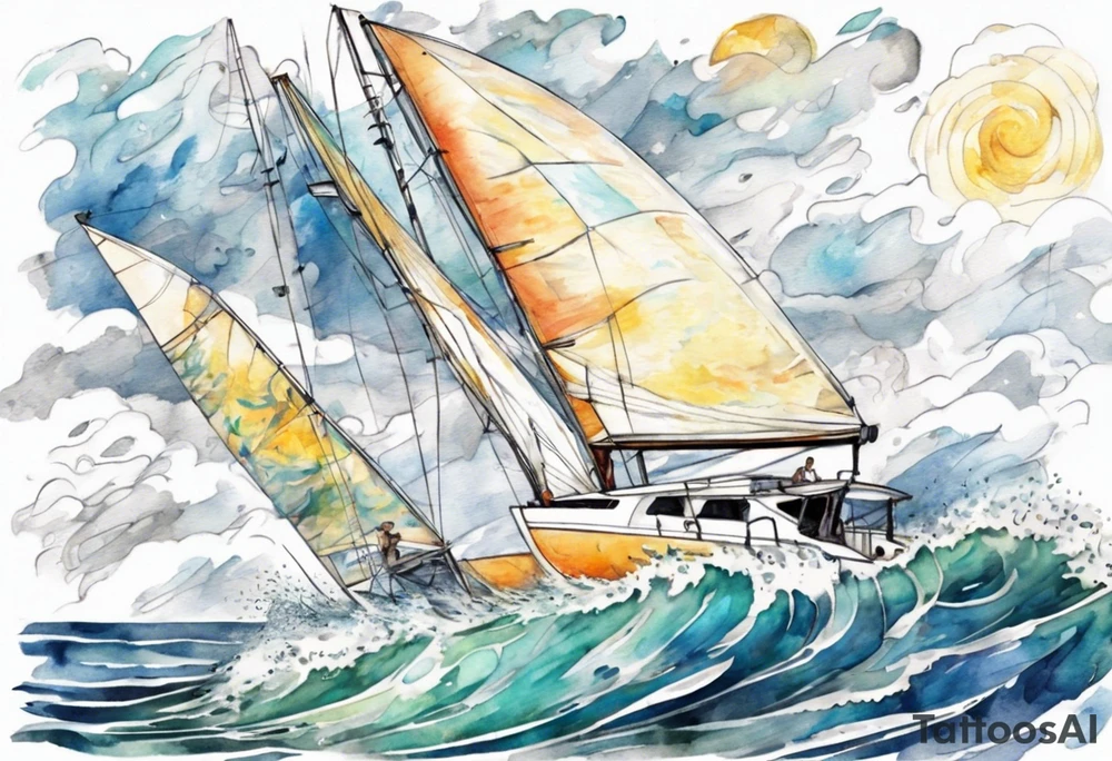 Sailing Catamaran in Rough weather and waves tattoo idea