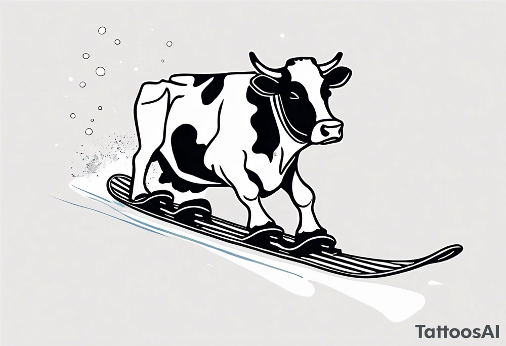 Generate a minimalist and simple black and white tattoo design featuring a joyful cow snowboarding, wearing goggles. Focus on essential lines and details to convey the playful spirit of the scene. The cow should exude confidence while effortlessly snowboarding down a snowy slope. Keep the design clean and uncluttered, suitable for a small to medium-sized tattoo space. Emphasize the charm and whimsy with the addition of goggles, ensuring the overall aesthetic remains simple and minimalistic. The goal is to create a visually appealing and easily recognizable tattoo that captures the essence of a cow enjoying a snowboarding adventure tattoo idea