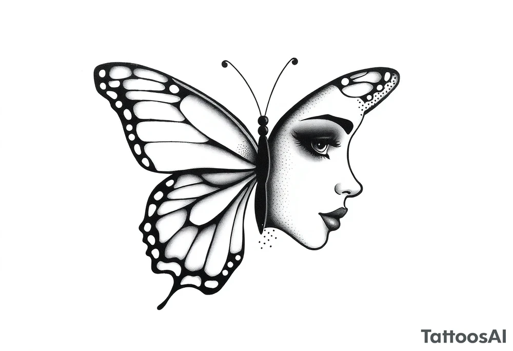 a butterfly half side with womans face tattoo idea