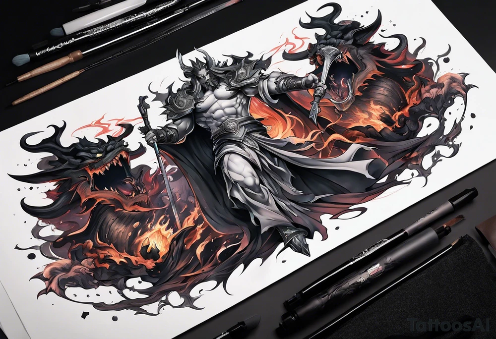 Backout tattoo of Hades fighting demons half-sleeve tattoo idea