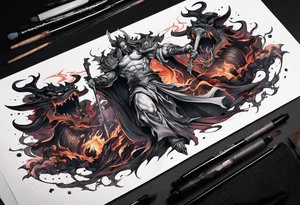 Backout tattoo of Hades fighting demons half-sleeve tattoo idea