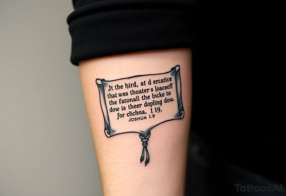 A scroll going down with the Bible verse Joshua 1 9 form the niv Version tattoo idea