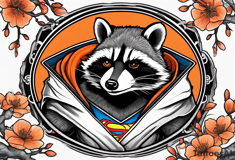 raccoon wearing a black and white Superman hoodie and orange Japanese cherry blossoms tattoo idea