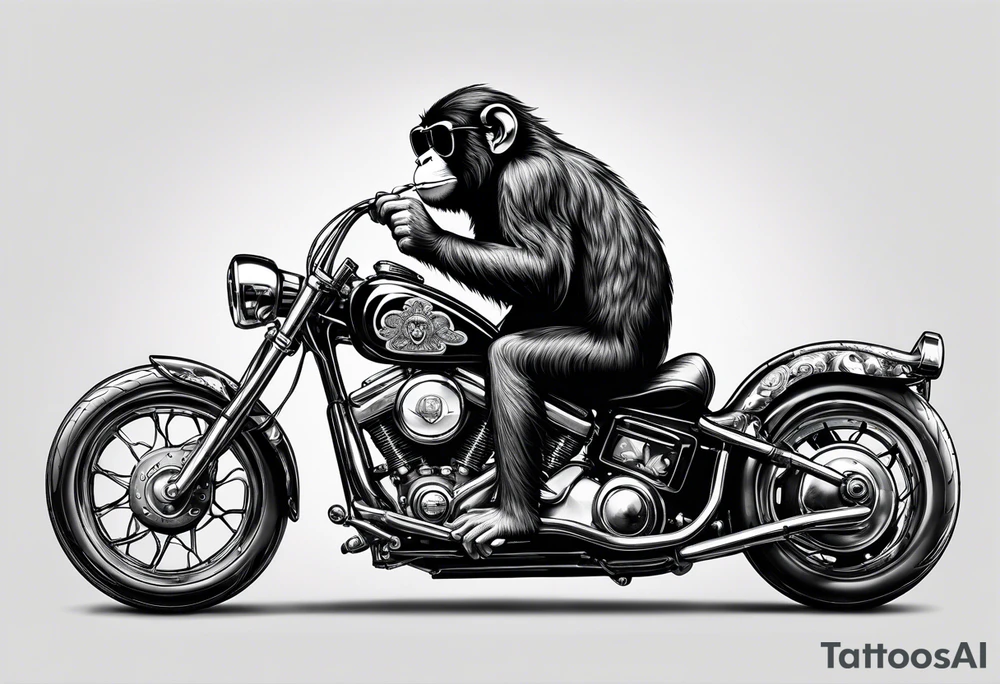 Monkey riding a chopper motorcycle with sunglasses on, a cigarette hanging out of his mouth tattoo idea