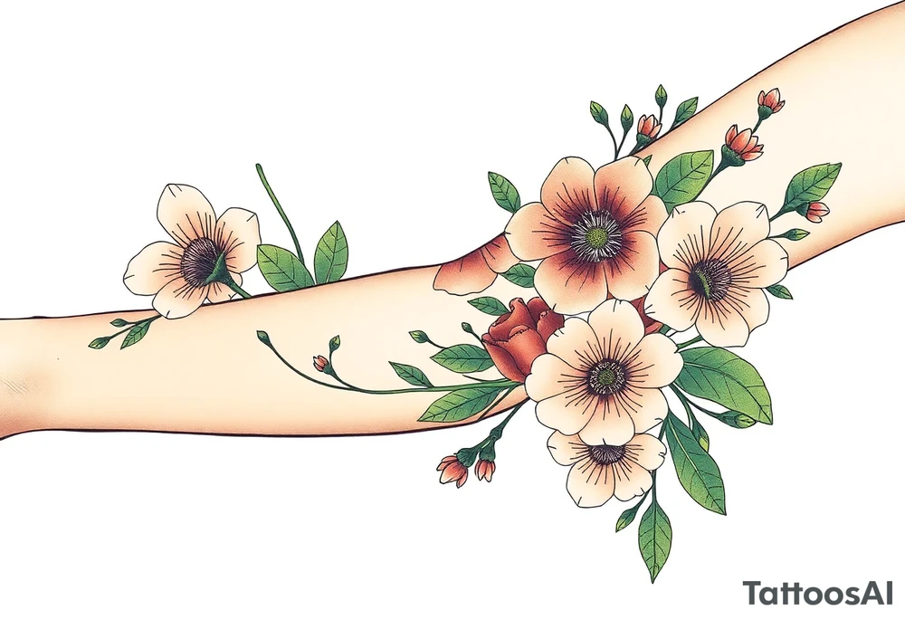 Fore arm tattoo in the neo american traditional style. I want to incorporate a few different flowers: Poppies, Morning Glory, Narcissus with green leaves in the background tattoo idea