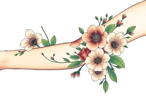 Fore arm tattoo in the neo american traditional style. I want to incorporate a few different flowers: Poppies, Morning Glory, Narcissus with green leaves in the background tattoo idea