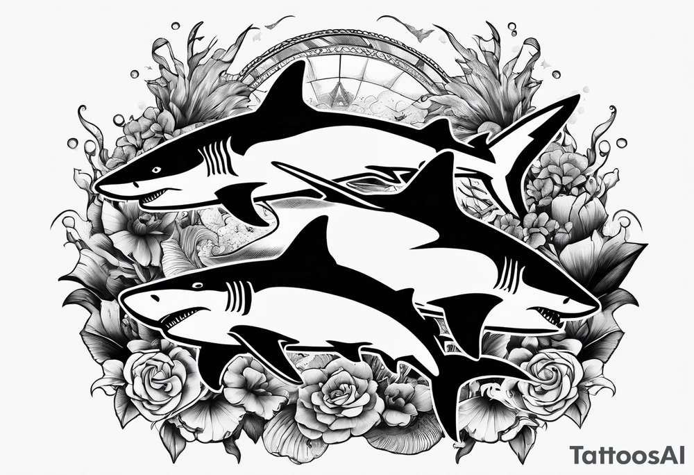 2 nautical style sharks wrapped around the knee no background tattoo idea