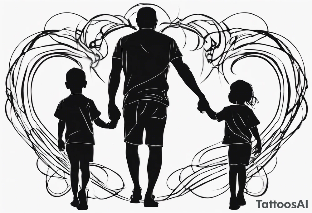 Silhouette of a father with two children, only outer lines tattoo idea