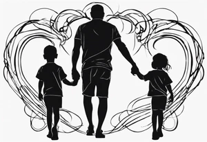 Silhouette of a father with two children, only outer lines tattoo idea
