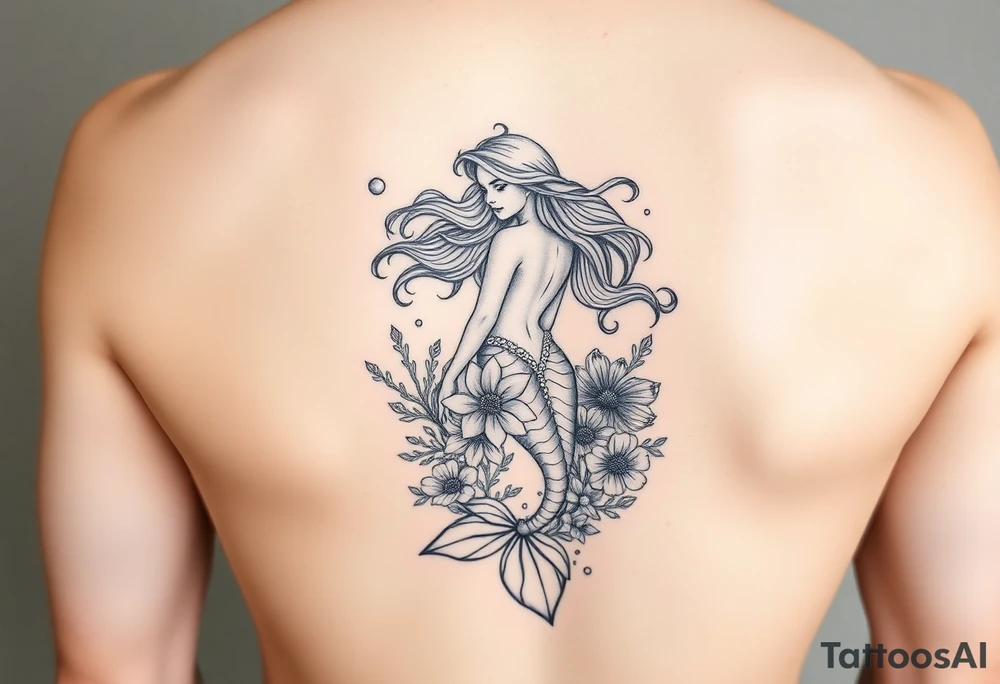 ethereal mermaid with flowing hair among coral and sea flowers tattoo idea