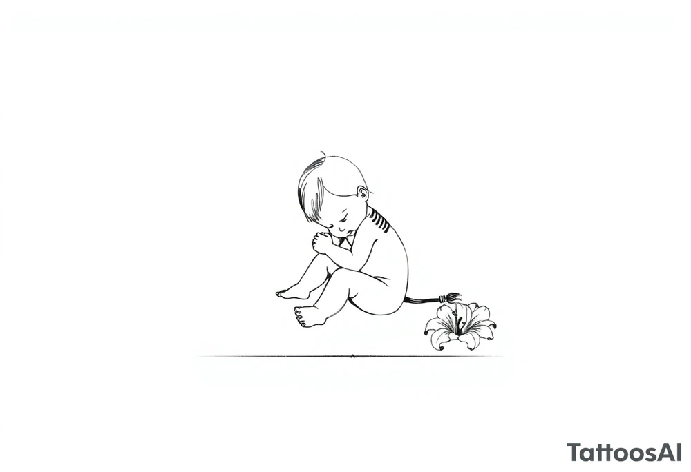 A simple tile floor with a minimalist outline of a curled up child sitting on the floor with a lily next to her tattoo idea