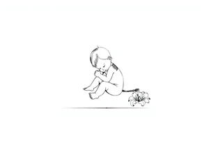 A simple tile floor with a minimalist outline of a curled up child sitting on the floor with a lily next to her tattoo idea