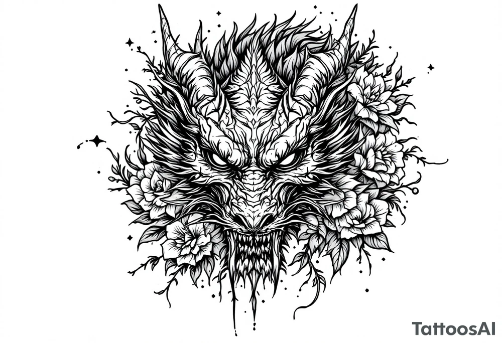 scary dragon face down with flowers tattoo idea