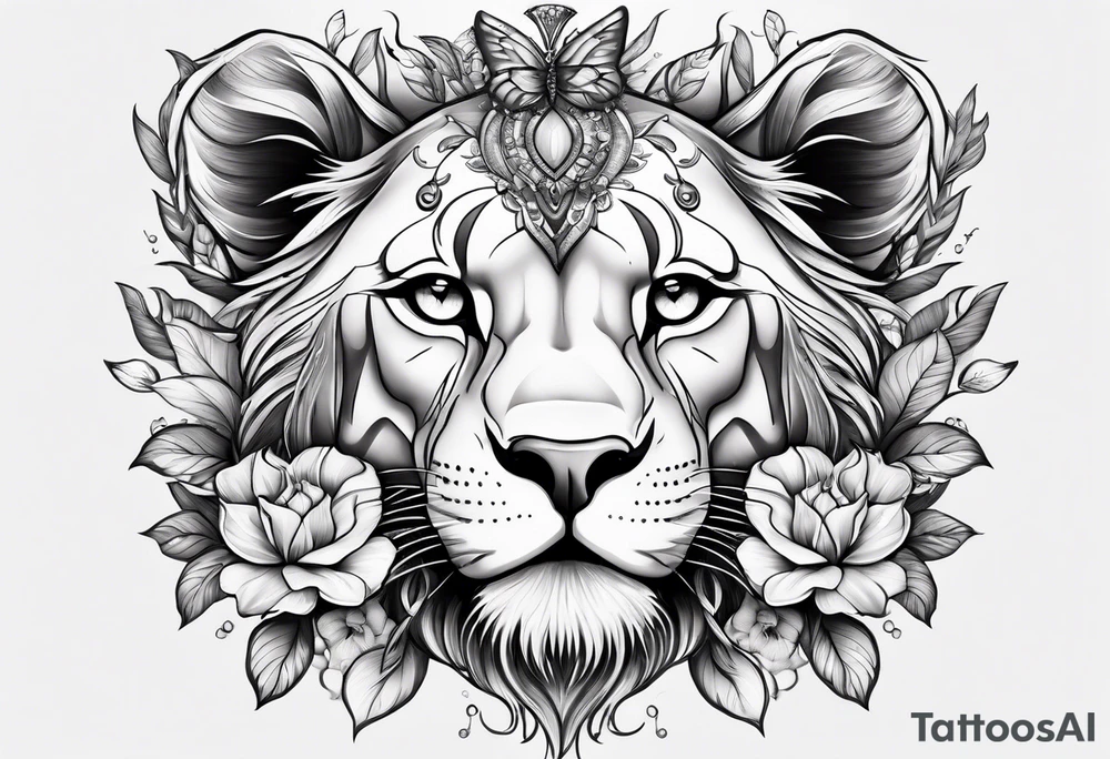 Lioness covered in feathers lilies and butterflies tattoo idea