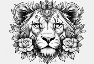 Lioness covered in feathers lilies and butterflies tattoo idea