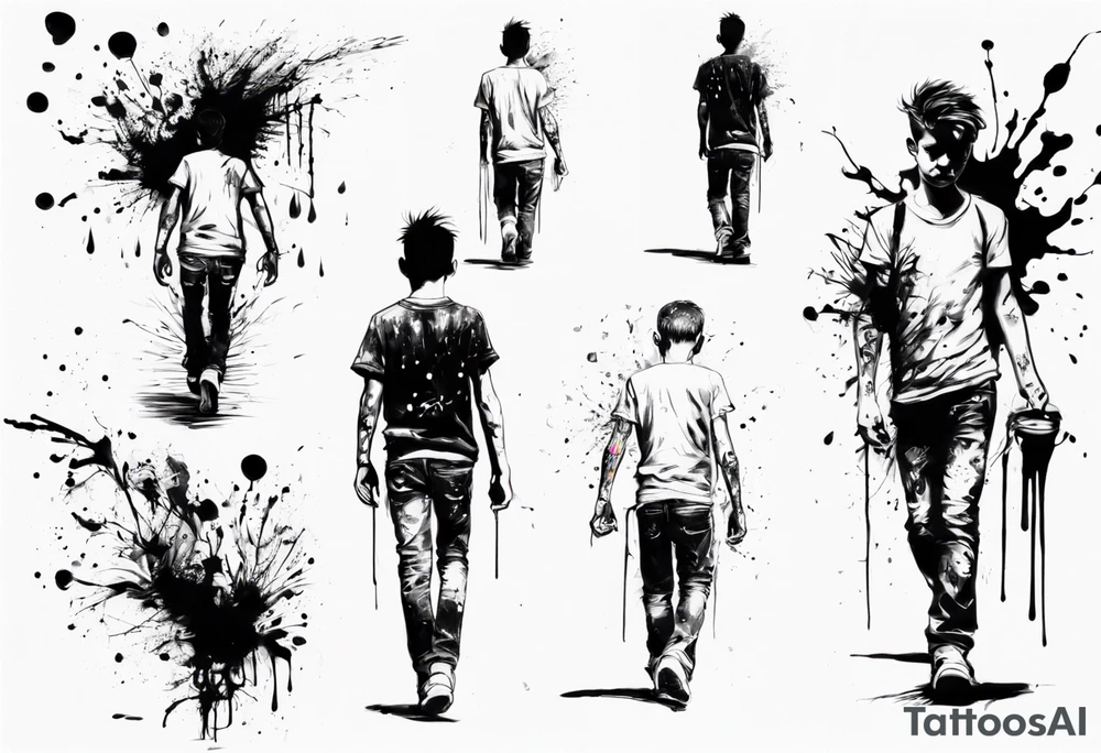 Paint splash drawing a lost boy walking alone tattoo idea
