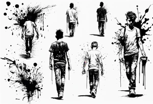 Paint splash drawing a lost boy walking alone tattoo idea