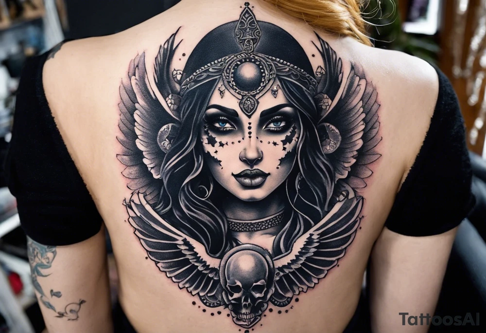 black kali, goddess pirate, alien, angel, pachamama, valkrye, warrior, flying, skull, lotus azul, wing, eagle, zenza resonance, stars, 5D, anahata chakra, death, durga, riding on a tiger, flying lady, chest tatoo tattoo idea
