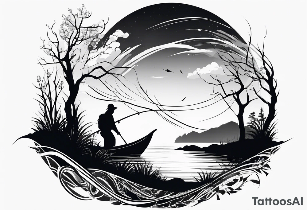 silhouette of landscape and fishingpole and line tattoo idea