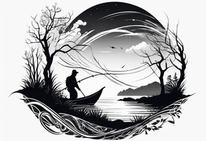 silhouette of landscape and fishingpole and line tattoo idea