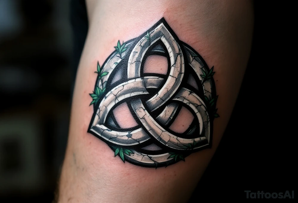 Celtic Trinity Knot with Stone Texture and Vines – A bold, interwoven Celtic triquetra (trinity knot), with fine moss and ivy vines wrapping through the loops. The design is textured like ancient granite, in stone gray, deep forest green, and subtle earthy brown tones. tattoo idea