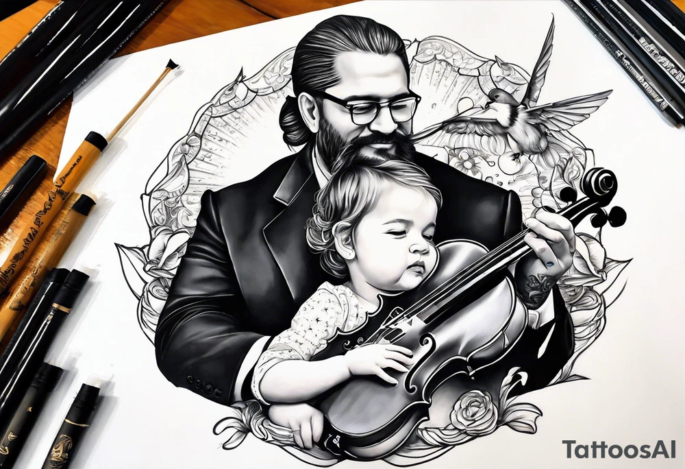 Si hay ángeles si hay violines, si hay estrellas baby ahi estaré. Tattoo of father holding his daughter. (RIP) Daddy loved music tattoo idea