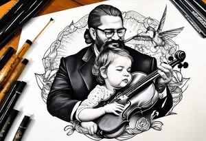 Si hay ángeles si hay violines, si hay estrellas baby ahi estaré. Tattoo of father holding his daughter. (RIP) Daddy loved music tattoo idea