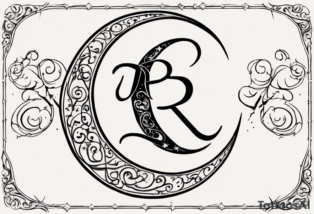 a custom tattoo design for my daughter, incorporating the letter 'R' in a decorative or cursive font, seamlessly blending with a crescent moon shape. Surrounding the 'R,' I envision delicate stars forming a celestial theme. The date '090123' should be prominently integrated, possibly beneath the 'R' or positioned below the celestial elements. I'd like the design to symbolize a harmonious connection between the 'R,' celestial elements, and the birthdate. tattoo idea