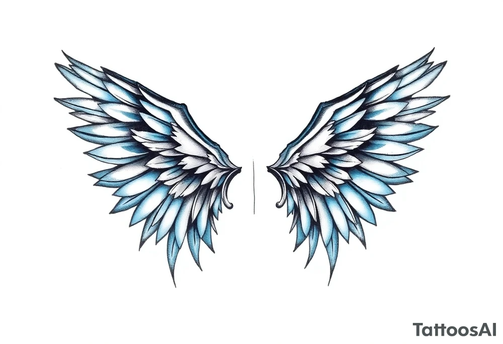 A minimalist wings tattoo that represents a shattered and betrayed gemini woman who fought hard throughout this year. With colors blue and black. Make it unique and rare. Without leaves and stem. tattoo idea