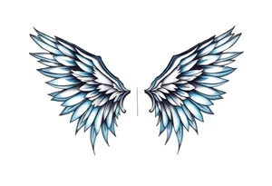 A minimalist wings tattoo that represents a shattered and betrayed gemini woman who fought hard throughout this year. With colors blue and black. Make it unique and rare. Without leaves and stem. tattoo idea