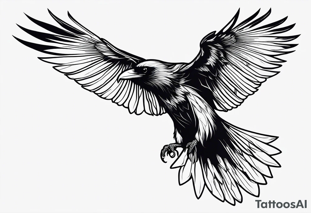 outline with straight lines of a flying raven, withot grafik inside tattoo idea
